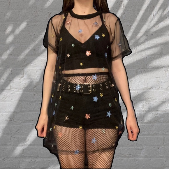 NEW BEAUTIFUL RARE CELESTIAL STAR EMBROIDERY BLACK MESH DRESS - Picture 2 of 15